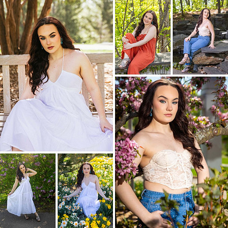 6 images of a young woman with dark hair posing in her senior portraits