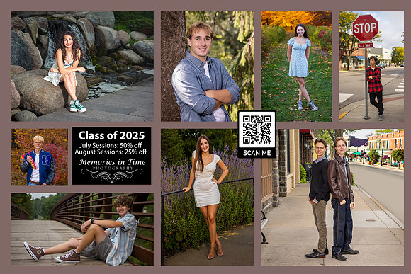 Portraits of 8 high school seniors smiling in their Senior Pics.